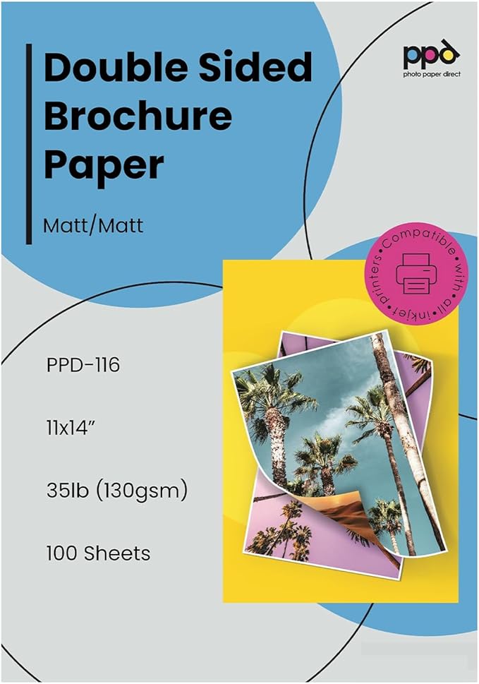 PPD Double Sided Photo Paper, Matte Brochure Paper 11 x 14 for Inkjet Printer, 130 gsm, 6.3 mil Thick for Magazine, Flyer, Presentation, Program, Instant Dry & Water Resistant (100 Sheets)
