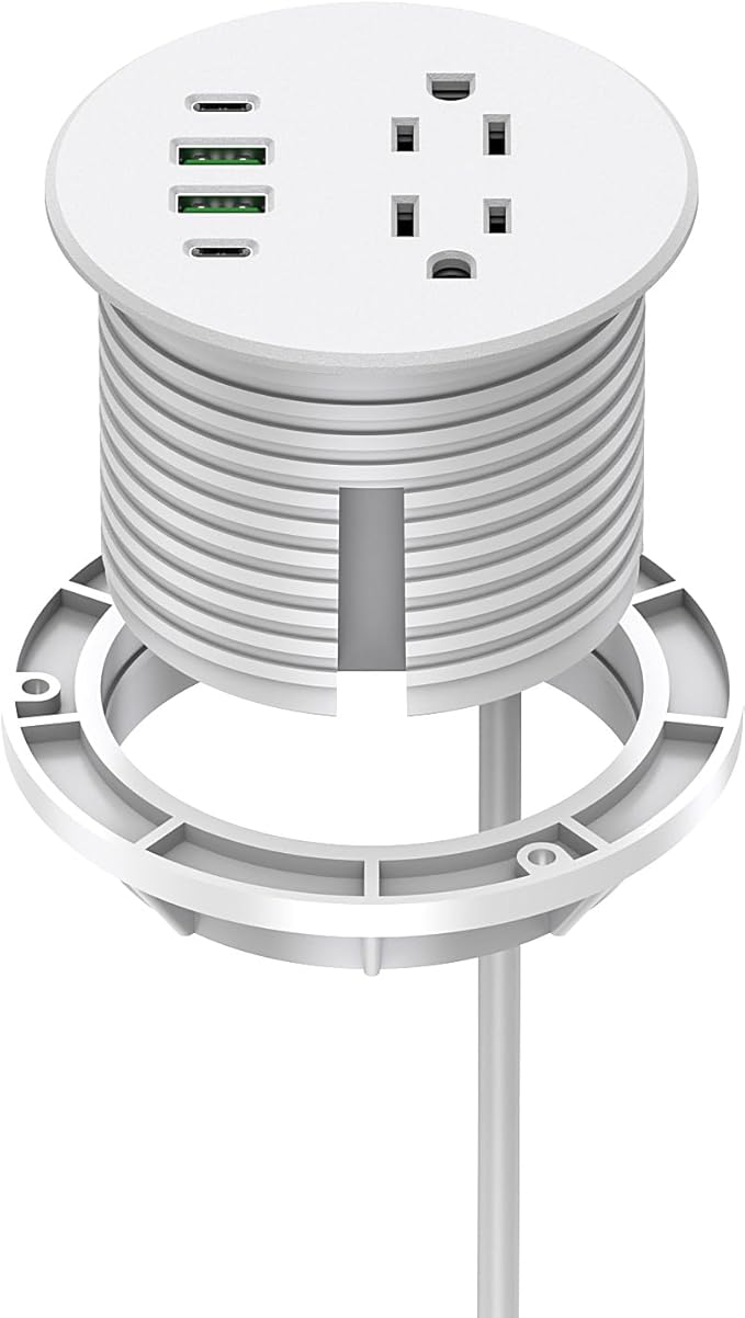 Recessed Power Grommet 3 inch With 65W USB C Ports 2 AC Outlets,Recessed Outlet Fast Charging Station,Desk Hole Grommet Outlets,Round Desktop Power Grommet Outlet for Office,Home (White, 65W USB Port)