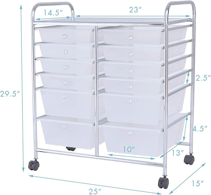 LDAILY 12 Drawer Rolling Storage Cart, Craft Cart Organizer on Wheels w/Metal Frame, Large Capacity & Smooth Drawer, Rolling Cart w/Drawers for Classroom, Office