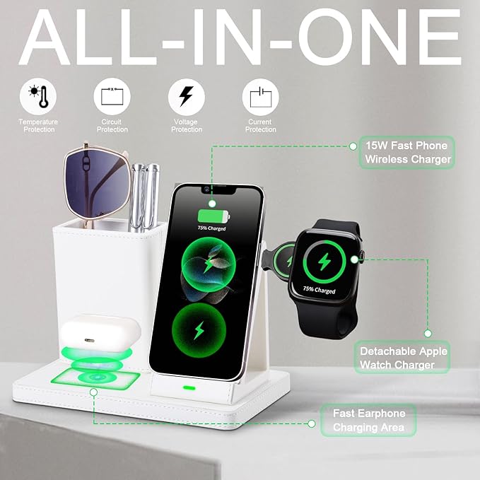 LADSTAG White Leather Pen Holder Desk Organizer with 3-in-1 Wireless Charger for Phone, Earbuds, Watch - Desktop Phone Stand,birthday gifts for women,mom gifts (white)
