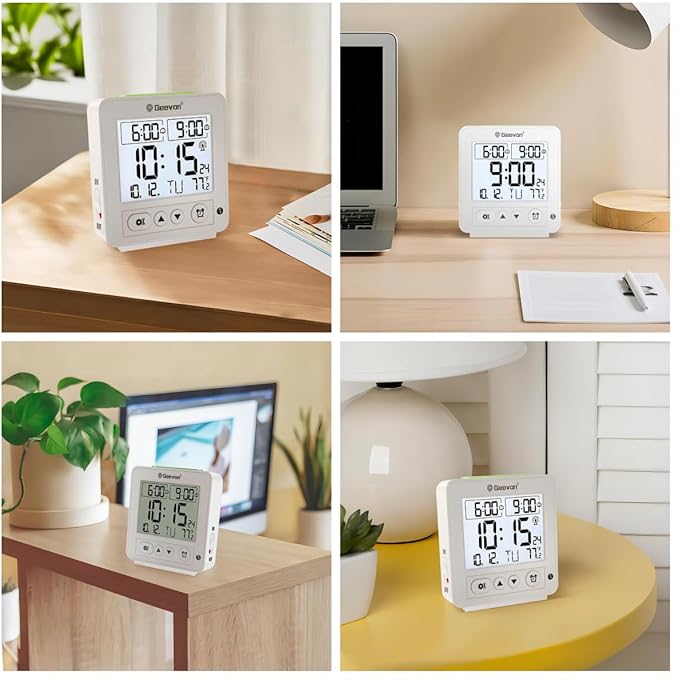 Geevon Atomic Travel Alarm Clock with Auto/8s Backlight, 2 Alarm Settings, Temperature Detect, Increasing Beep Sounds Digital Atomic Travel Clock Battery Operated for Bedroom, Bedside, White