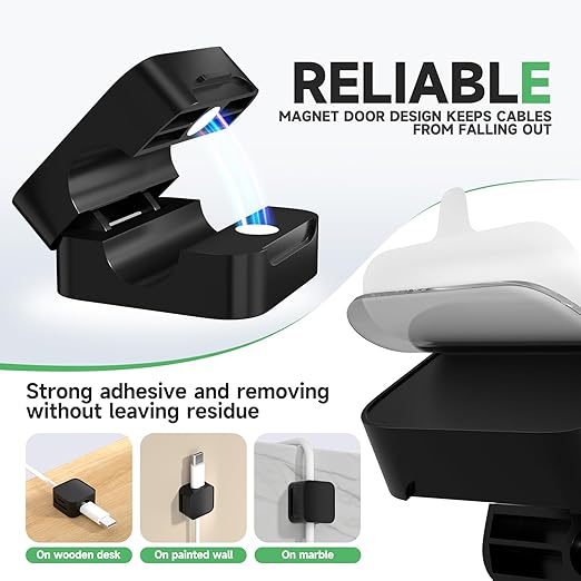 9 Black Magnetic Cable Clips,Under Desk Cable Management,Cord Holder for Nightstand Home Office Car Phone Wall,2025 Adhesive Cord Organizer[0.45" in Ht Save Space/Versatile for Wire Up to 0.27" OD]