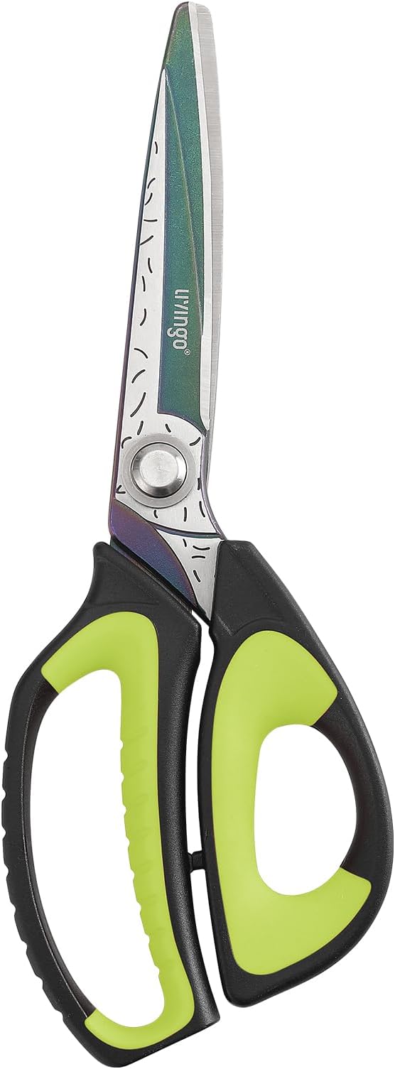 LIVINGO Heavy Duty Industrial Scissors: 10" Utility Stainless Steel Sharp Scissors all Purpose Premium Titanium Coating Forged Shop Shears for Household Pruning, Gardening, Construction, Green/Black