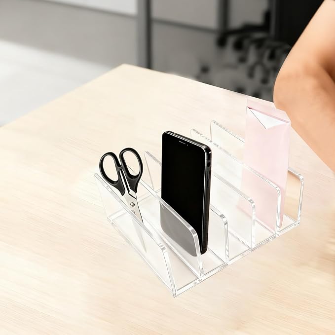 itechpanda Acrylic Mail Holder Clear File Sorter Desk Organizer Clean Desktop Vertical Desk Letter Sorter with 5 Compartments for Office Home Envelope Bill Document Notebook File Paper (Small)