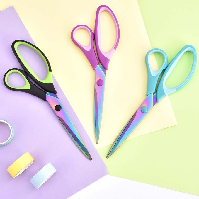 8.5" Scissors All Purpose, Multipurpose Office Scissors Set, Titanium Coating Sharp Blade, Soft Comfort-Grip, Ideal for Fabric, School, Home, Craft & Sewing, Right/Left Handed, Assorted Color, 3 Pack