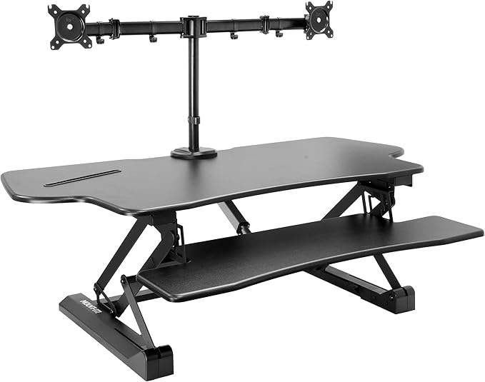 Mount-It! Electric Standing Desk Converter with Dual Monitor Arm, Stand Up Desk Riser X-Large 47.2" Wide, Electric Desk Riser with Mount for 2 Screens (Max 32"), Desktop with Keyboard Tray, USB, Black
