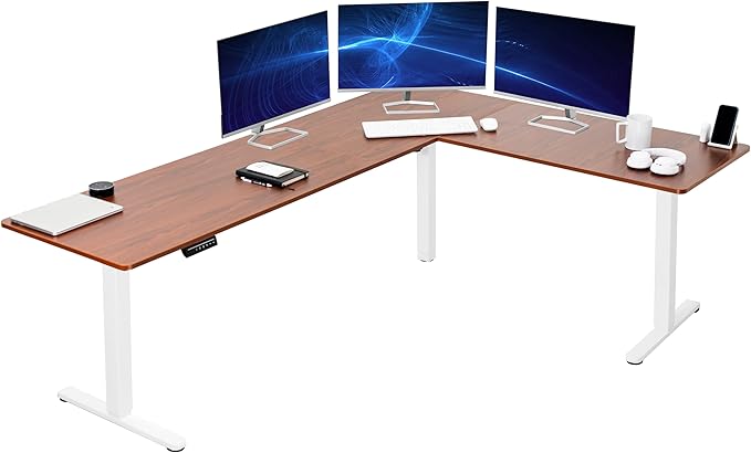 VIVO Electric Corner 84 x 63 inch L-Shaped Standing Desk, Memory Height Adjustment, Dark Walnut Top White Frame, DESK-E3CTWD-84