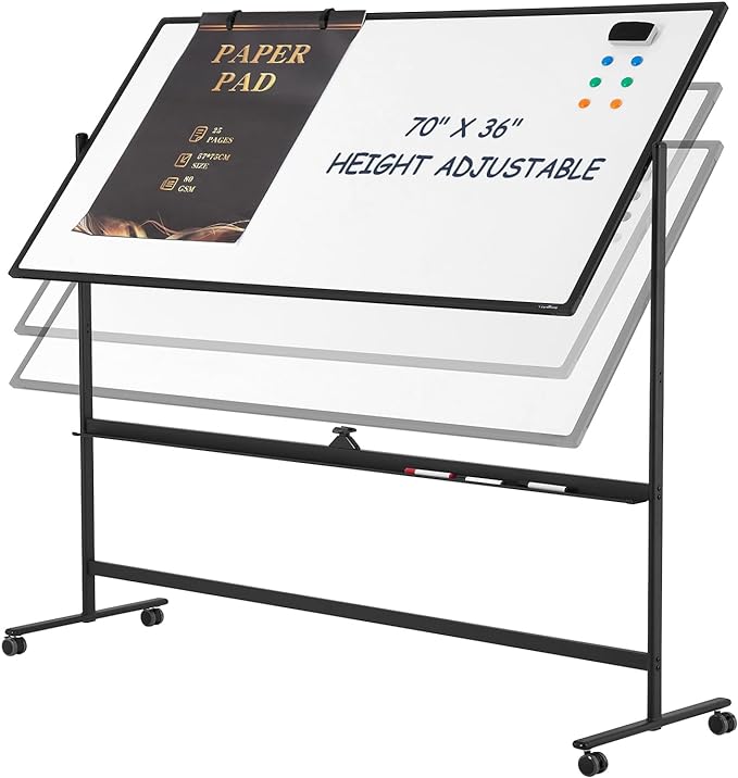 Dry Erase Whiteboard Easel on Wheels - TANKEE 70" x 36" Large Double Sided Mobile Whiteboard, Reversible Magnetic Rolling White Board for Home Office Classroom, Flip Chart Holders and Paper Pad