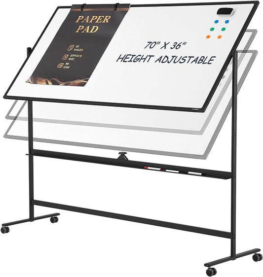 Dry Erase Whiteboard Easel on Wheels - TANKEE 70" x 36" Large Double Sided Mobile Whiteboard, Reversible Magnetic Rolling White Board for Home Office Classroom, Flip Chart Holders and Paper Pad