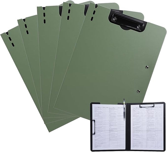 FRETONBA Clipboard Folder, 5 Pack A4 Foldable Clipboard with Horizontal and Vertical Double Metal Clips, 360 Degree Foldable Binder Clipboards with Pen Holder, File Cover Folder Clipboards, Green