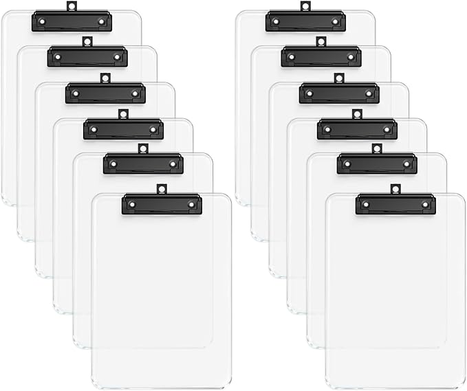 Zoenley A4 Plastic Clipboard Set of 12, Clear 12.5 x 9 Letter Size for Classroom, Students, Teacher, Nurse, A4 Transparent 8.5 x 11 Clip Board with Low Profile Black Clip, Office & School Supplies