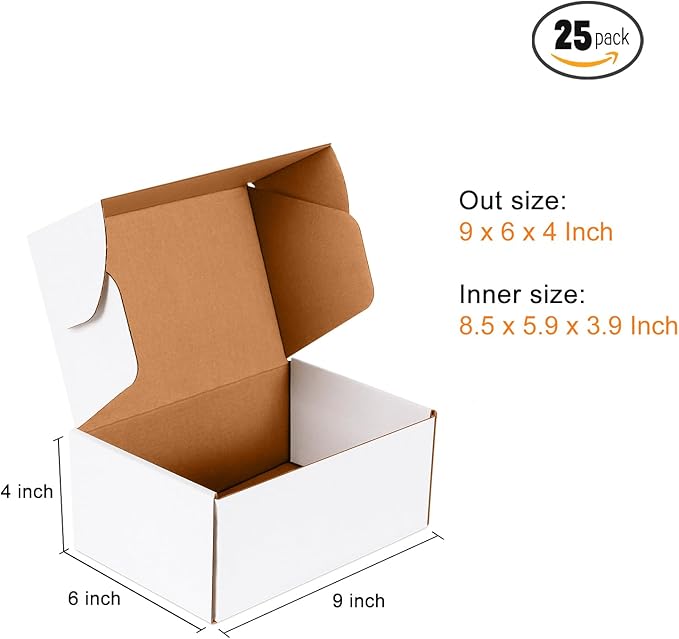 JOWLOT 9x6x4 inch Small Shipping Boxes Set of 25, White Corrugated Cardboard Box Literature Mailer for Mailing Packing Moving and Storage