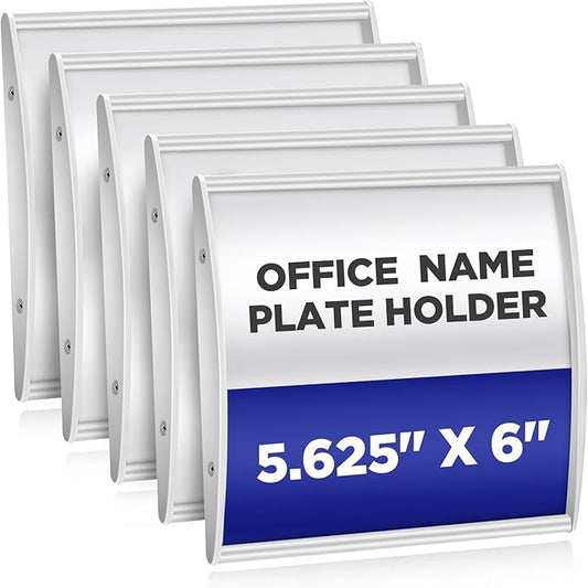 Yaocom Set of 5 Curved Name Plate Holder for Doors 5.625" x 6" Wall Mount Office Business Door Sign Holder Aluminum Sign Frame with Adhesive Tape Plastic Film for Office Business Display, Silver