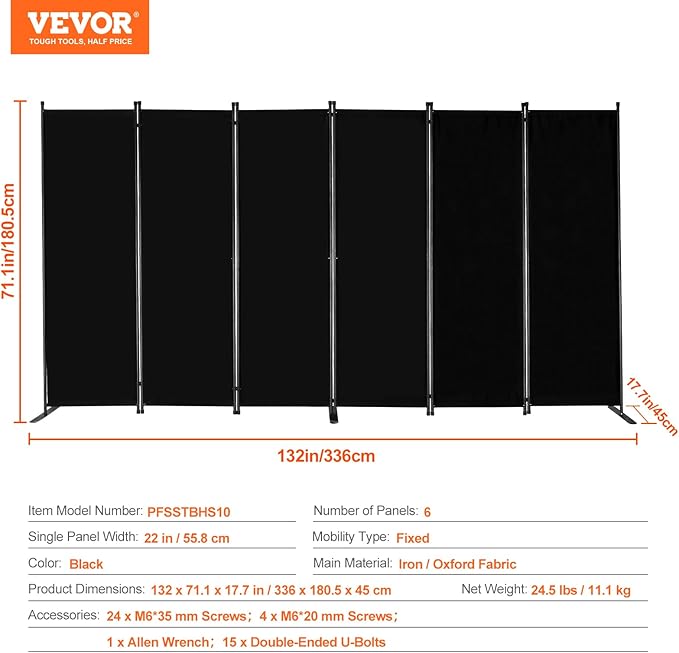 VEVOR Room Divider, 6 Panel Room Divider, Folding Privacy Screen and Portable Partition Divider for Room Separation, Freestanding Room Partitions for Office, Bedroom, Study, Black
