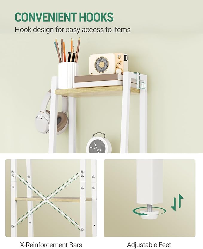 Hzuaneri Ladder Shelf, Bookshelf Bookcase, Freestanding Corner Storage Shelve with 2 Hooks for Home Office, Living Room, Kitchen, Bedroom, Industrial, 11.8" D x 13.4" W x 72.8" H, White Oak and White