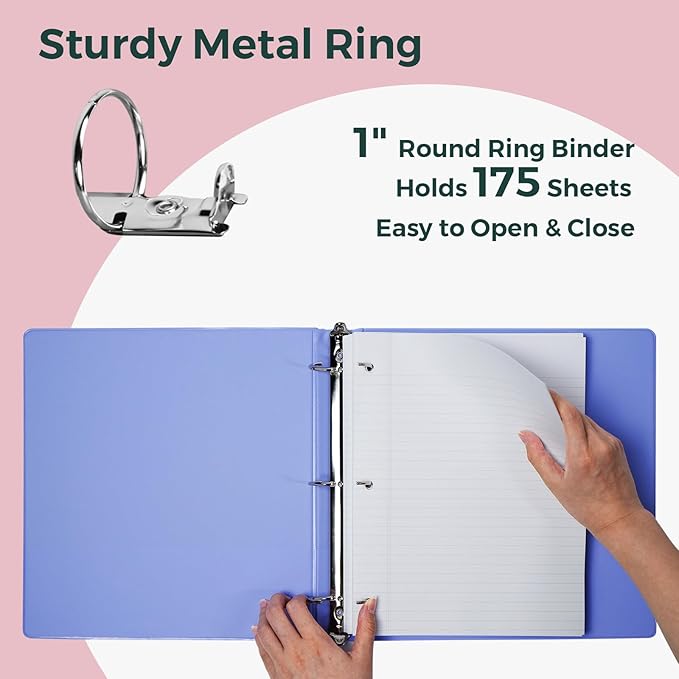 POPRUN 3 Ring Binder 1 Inch, PVC-Free, Holds 175 Sheets of 8.5 x 11 Paper, Extra Durable Organizer with 2 Pockets for School & Office, Heavy-Duty, 2 Pack, Pink