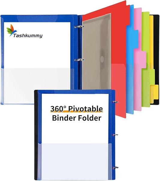 360 Pivotable Project Organizer, 3 Ring Binder with Colored Tab Dividers, Customizable Front Cover Multi Pocket Folder for Home, School, Office - Blue
