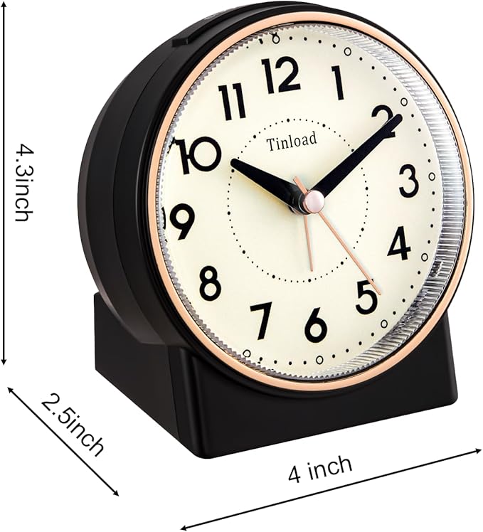 Tinload 4.3" Retro Analog Alarm Clock, Vintage Decor, No Ticking Silent, Easy to Set, Gradual Rise Alarm, On/Off Switch on Side, Gentle Wake, Snooze, Lighted on Demand, Battery Operated, Retro Black