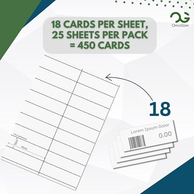 OfficeGear Shelf Edge Barcode Price Ticket Labels 18-up [25 Sheets - 450 Pack] 30x105mm Custom Printable A4 Card Micro Perforated Non-Adhesive Merchandise Tag with Free Downloadable Design Template