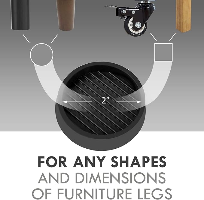 VOCOMO 2X2 Round Rubber Caster Cups, Non Slip Furniture Pads, Anti-Slip Gripper, Anti Skid Furniture Feet, Anti Slide Floor Protector for Bed Couch Table Chair Stoppers - (Black, 12 Pack)