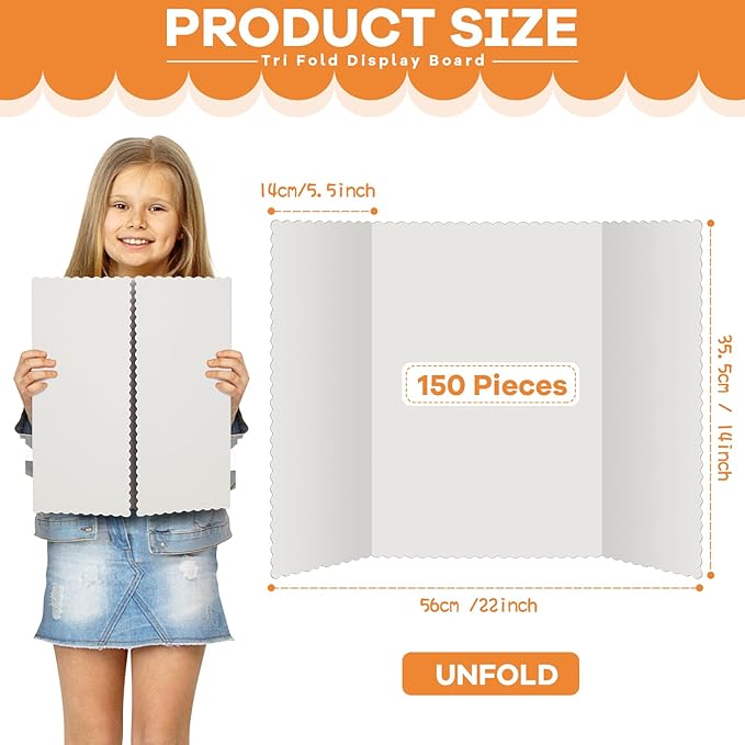 Ctosree 150 Pcs 14 * 22 Inch Tri Fold Poster Board Bulk, Science Fair Project Display Paperboard, Single Wall, Lightweight Presentation Board (White)