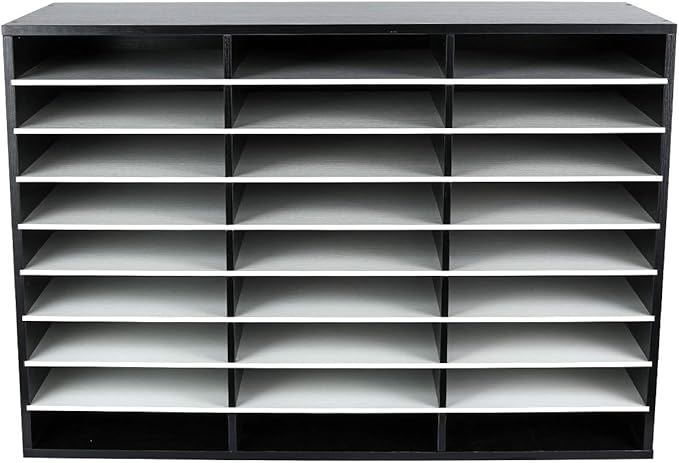 EasyPAG Wooden Literature Organizer with Adjustable Shelves, 27 Compartments Office Paper Organizer Storage 13500 Sheets Letter Size Paper, Student Mailbox for Classroom, Black/White