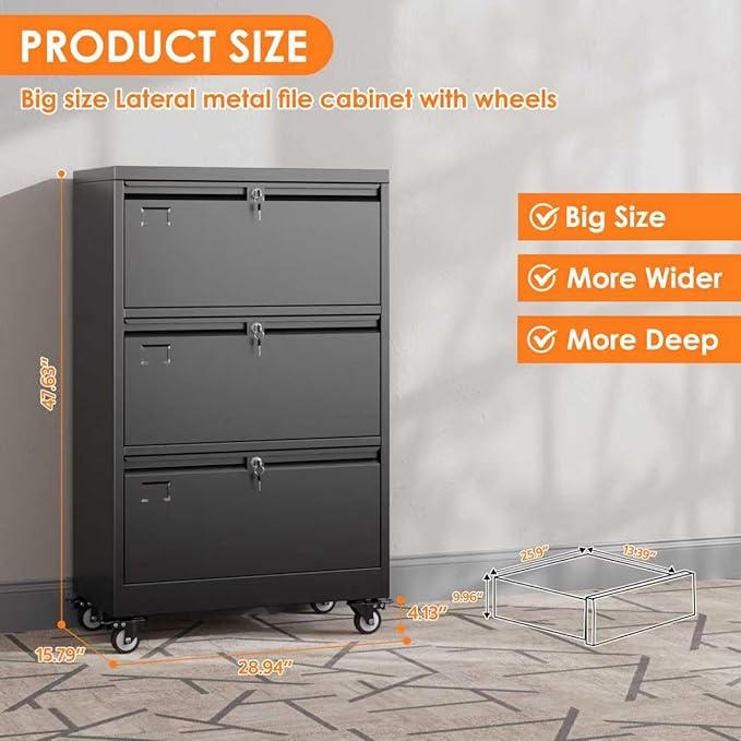 METAN Upgrade 3 Drawers Lateral File Cabinet on Wheels,Steel Office Filing Storage Cabinet with 3 Locks,Assembly Required,Black