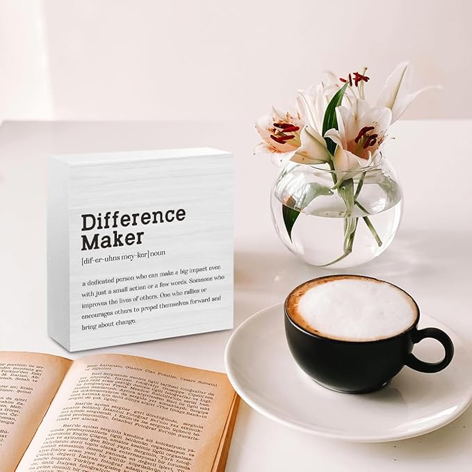 Difference Maker Definition Home Office Decor Wooden Box Sign Motivational Farmhouse Decorative Positive Office Desk Accessories Wood Plaque Affirmations Wood Table Sign for TV Cabinet Shelf