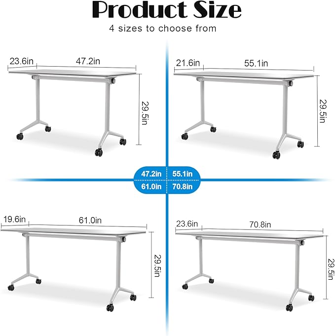 Conference Table Flip Top Mobile Conference Room Tables,Folding Conference Table with Wheels,Large Meeting Training Seminar Table Saving Space for Office Classroom (6, White, 61'')
