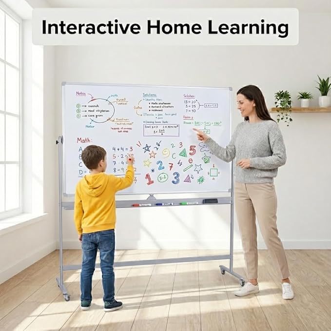 DexBoard Double-Sided 72" x 48" Mobile Whiteboard, Extra Large Rolling Magnetic Dry Erase Board with Stand, Height Adjustable White Board Easel for Office, Classroom & Home