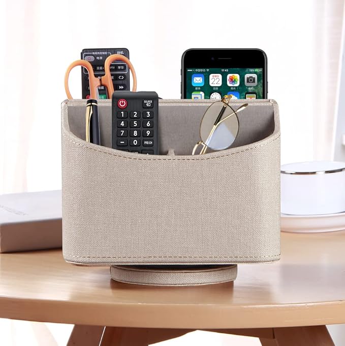 PUSU Leather 360°Rotatable Remote Control Holder,Nightstand TV Remote Caddy,Office Supplies Desktop Organizer,Spinning Storage Box for Pen,Mail,Phone,DVD, Blu-Ray, Media Player, Heater Controllers