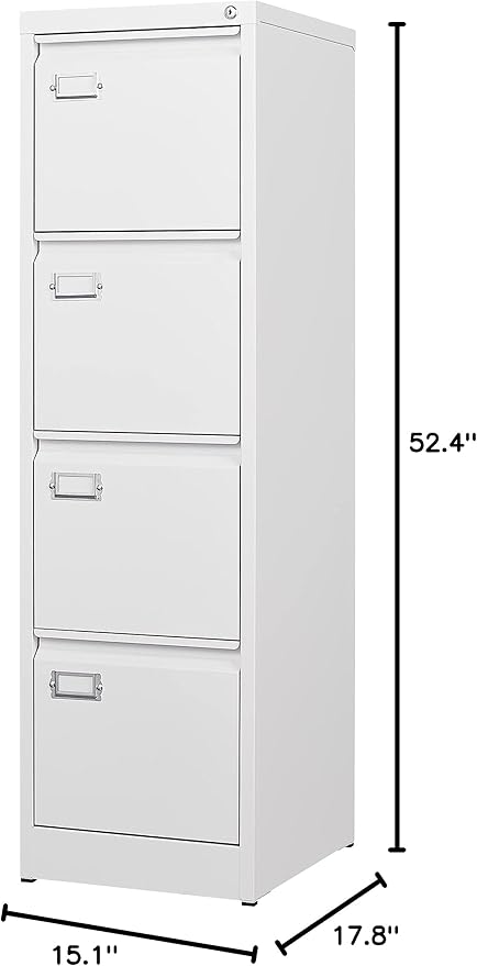 BYNSOE 4 Drawer File Cabinet with Lock Metal Vertical File Storage Cabinet Office Home Steel Vertical File Cabinet for A4 Legal/Letter Size Narrow File Cabinet Locked,Assembly Required