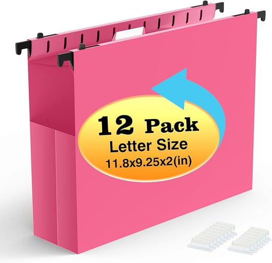 Shutex Extra Capacity Plastic Hanging File Folders,12 Pack Reinforced Expanding Hang Folder Letter Size,Accordian Pocket,Heavy Duty 2 Inch Expansion, Hard Hanging Folder Organizer for Office Home,Pink