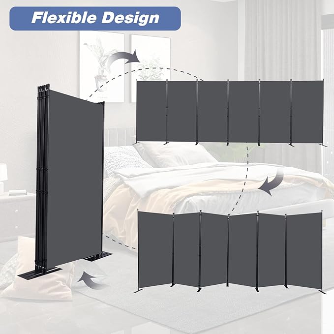 CHOSENM Room Divider, 6 Panel Folding Privacy Screens with Wider Support Feet, 6 Ft Portable Room Partition for Room Separator, 204" W X 71" H, Grey