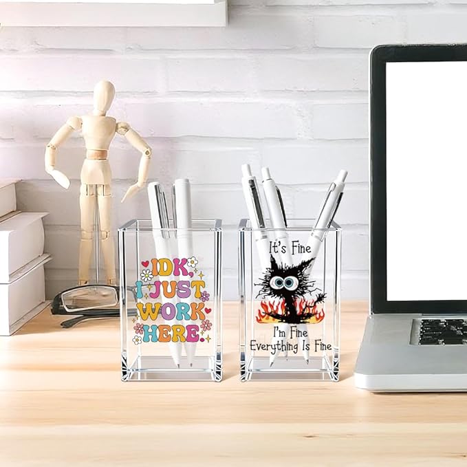 Vgrti Funny Black Cat Work 2 Pack Acrylic Cosmetic Pencil Pen Holder Cup, Cute Office Pen Holder for Desk, Funny Work Burnout Gifts for Coworker Friend, Office Sarcastic Gifts for Women Colleague Boss