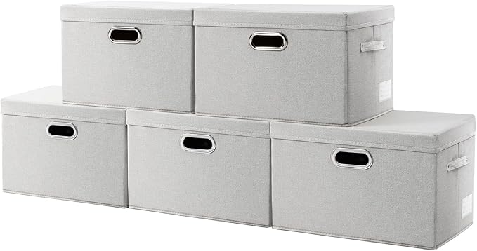 PRANDOM Large Collapsible Storage Containers with Lids [5-Pack] Fabric Foldable Storage Bins Boxes Organizer Baskets Cube with Cover for Home Bedroom Closet Office Beige(17.3x11.8x11.8)