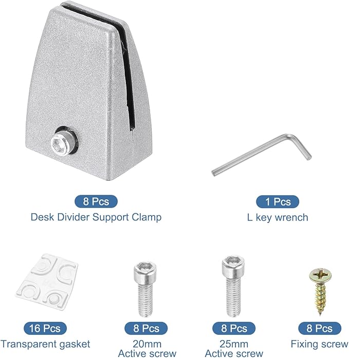 PATIKIL 1.7x1.3x2.4" Desk Divider Support Clamp, 8 Pcs Aluminum Desk Shield Clamp Desk Divider Partition Clamp Sneeze Guard Clamp Bracket for Office Home Desk Panel, Silver