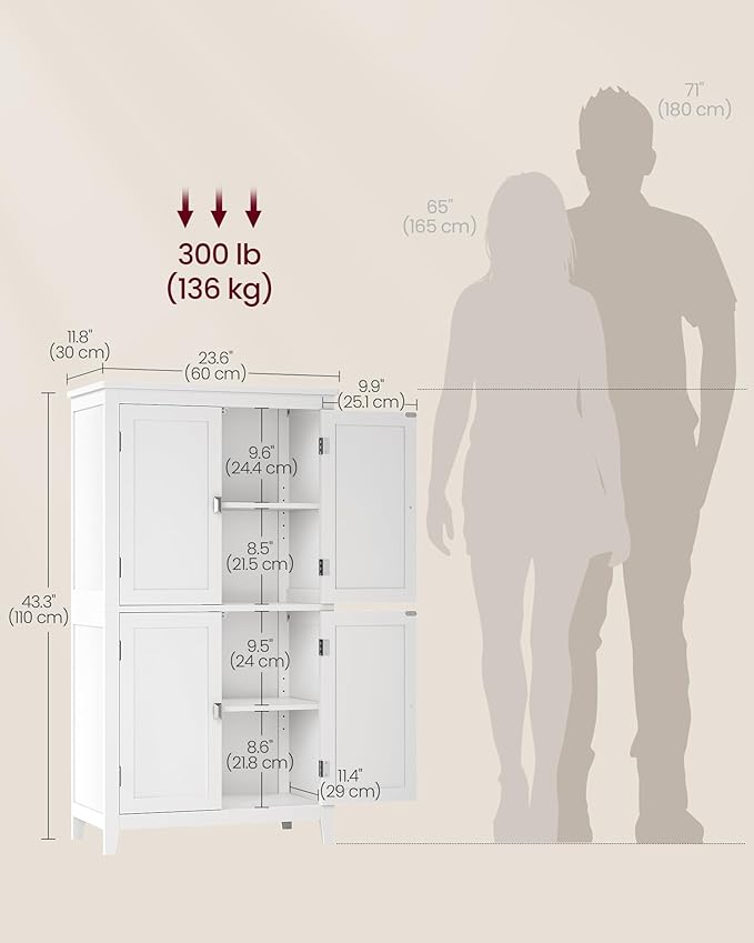 VASAGLE Floor Storage Cabinet, Freestanding Storage Unit with 4 Doors, Adjustable Shelves, 11.8 x 23.6 x 43.3 Inches, for Entryway, Bathroom, White UBBC552P31