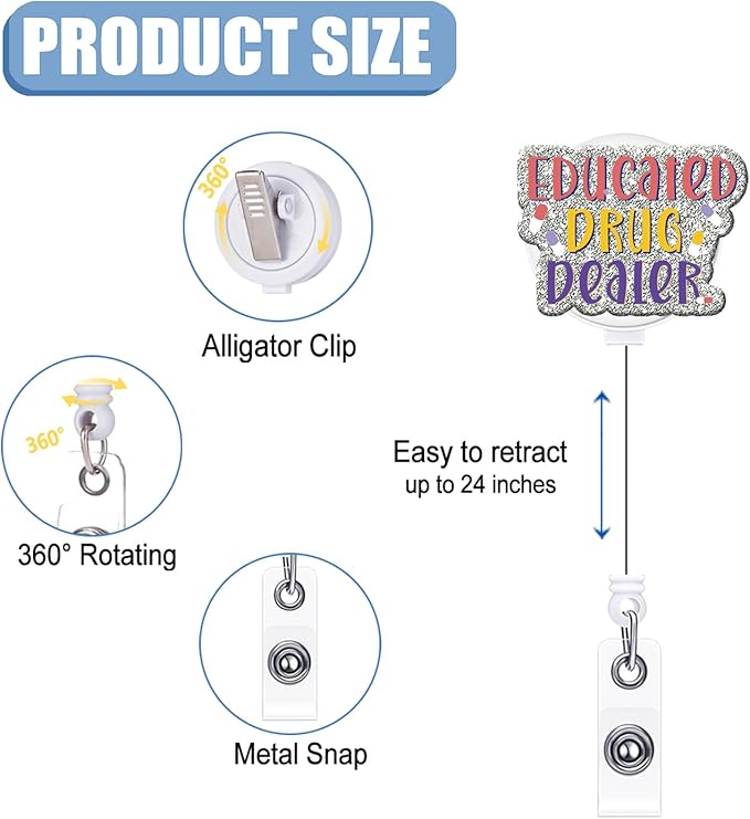 Badge Reel Retractable with ID Clip Text Acrylic Badge Reel Holder Name Badge Accessories for Nurse Office Worker Women Men