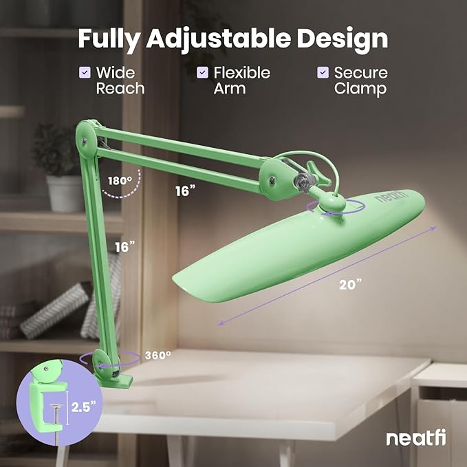 Neatfi XL 2,200 Lumens LED Desk Lamp with Clamp, 24W Bright Architect Task Lamp, 20 Inches Dimmable Computer Light, Adjustable Desk Light for Home, Office, Crafts & Nails (Non-CCT, Midnight Green)