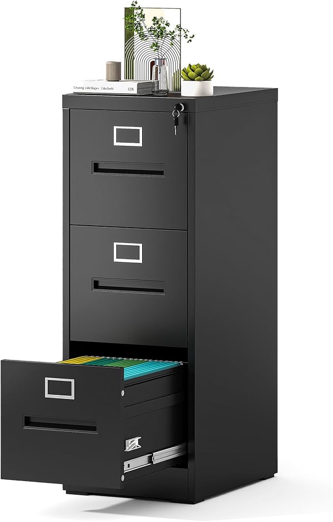 Yukimo 3 Drawer File Cabinet, Vertical File Cabinet with Lock, Metal Locking Filing Storage Cabinet for Home Office, Hanging Files for A4/ Legal/Letter, Assembly Required, Black
