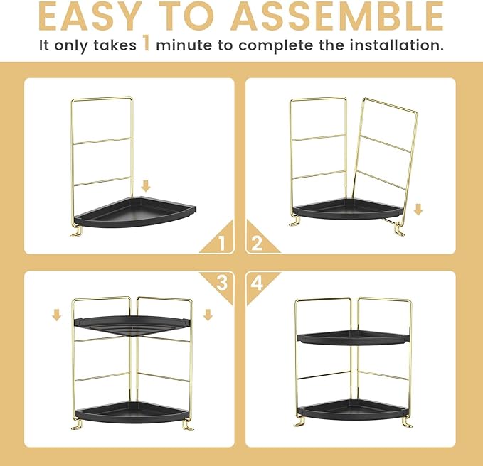 JANUS LiANG 2-Tier Spice Rack Corner Storage Shelf Makeup Organizer Stackable Cosmetic Holder Standing Counter Shelf for Bathroom, Kitchen, Countertop, and Vanity (Gold + Black)
