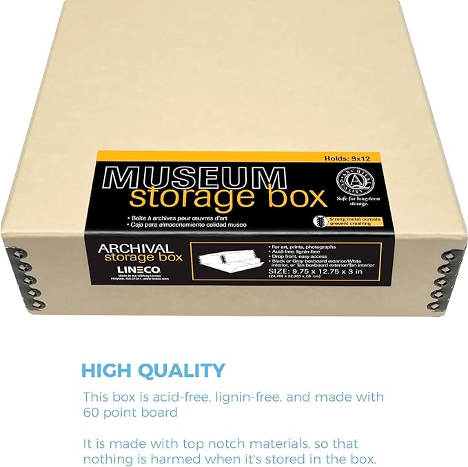 Lineco, 9x12 Tan Color Museum Archival Storage Box, Drop Front Design. Acid-Free with Metal Edge. Preserves Picture Longevity, organize Photos, Documents, Crafts, Diy, Pack of 2