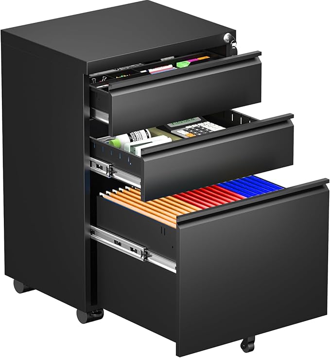 INTERGREAT 3 Drawer File Cabinet, Metal Filling Cabinets with Lock, Locking Office Mobile Cabinet with Wheels for Legal/Letter Size, Under Desk, Assembled, Black
