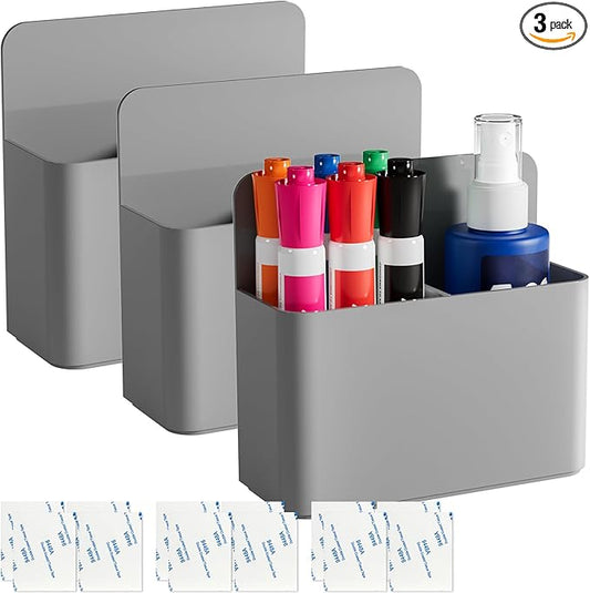 First-zgel 3 Pack Magnetic Pen Holder for Refrigerator, Adjustable Dry Erase Marker Holder for Whiteboard, Locker Pen Holder Magnetic, Adhesive Pencil Cup, Home Office School (Gray)