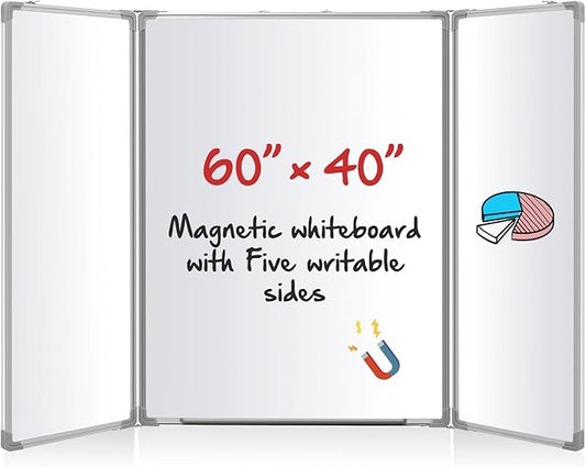 60” x 40” Foldable Whiteboard Dry Erase Board Large Tri Folding Whiteboard Magnetic Dry Erase Board, Wall Aluminium Frame and Flip Out Pen Tray for Office, Home