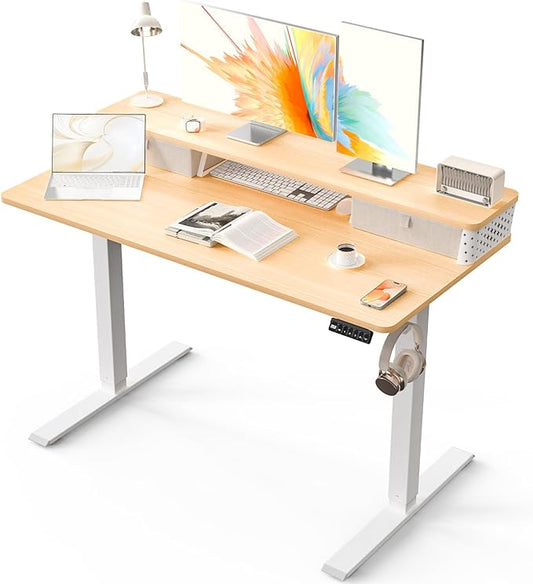 Kingant 48 x 24 Inch Electric Standing Desk with Dual Drawers, Height Adjustable Sit to Stand Computer Desk with Storage Shelf and C-Clamp Mount Compatibility for Home Office, Nature
