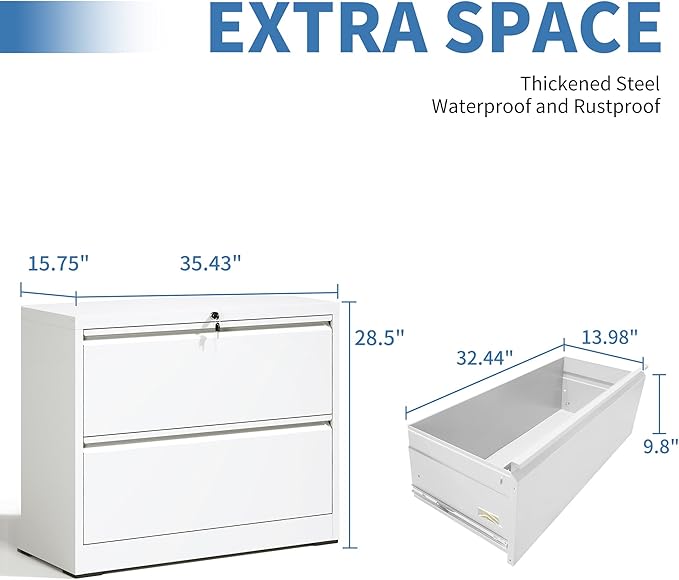 FLIXELIO File Cabinets 2 Drawer,Metal Office Storage Filing Cabinet with Lock,White Lateral Filing Cabinet for Home Office,Horizontal Two Drawer File Cabinet for Legal/Letter/A4,Assembly Require,White