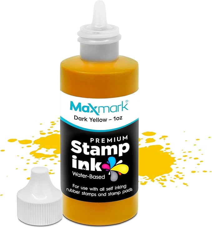 MaxMark Premium Refill Ink with Control Tip Bottle for Self-Inking Stamps, Dark Yellow Color - 1 oz.