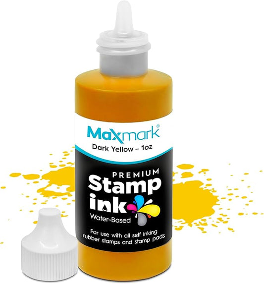 MaxMark Premium Refill Ink with Control Tip Bottle for Self-Inking Stamps, Dark Yellow Color - 1 oz.